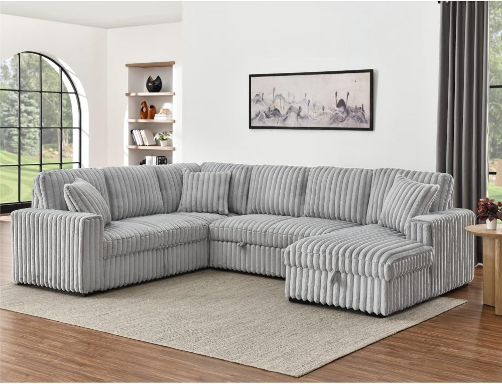THSUPER 122-Inch Oversized Sectional Sleeper Sofa with Pull Out Bed and Storage Chaise Lounge for Living Room, Plush Extra Soft Corduroy U Shaped 6 Seat Sectional Sofa Bed Couch with USB Port - Gray