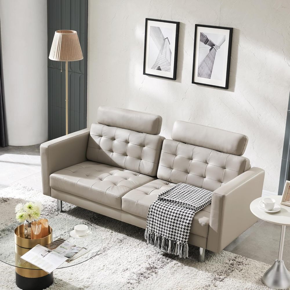 SZLIZCCC 72'' Top Grain Genuine Sofa Couch, Upholstered Leather loveseat Sofas Modern Leather Couch Tufted Sofa with Metal Legs & Wide Backrest, Two Seater Couch for Bedroom,Apartment (Beige)