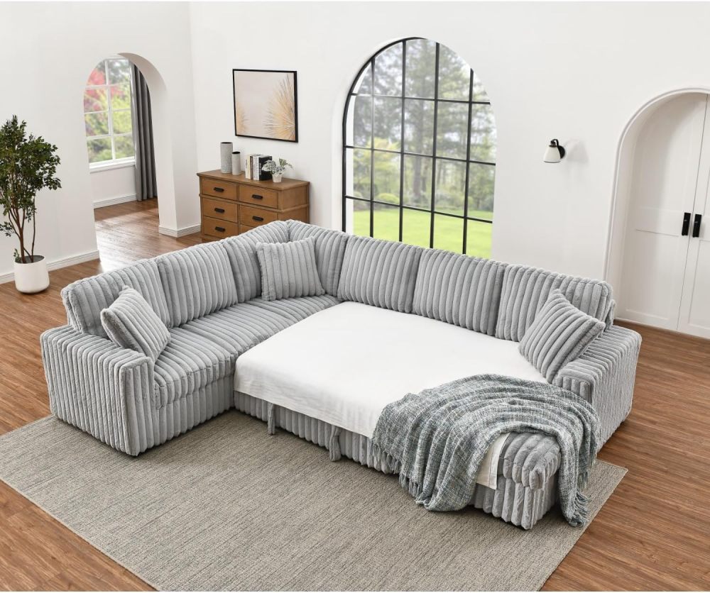 THSUPER 122-Inch Oversized Sectional Sleeper Sofa with Pull Out Bed and Storage Chaise Lounge for Living Room, Plush Extra Soft Corduroy U Shaped 6 Seat Sectional Sofa Bed Couch with USB Port - Gray