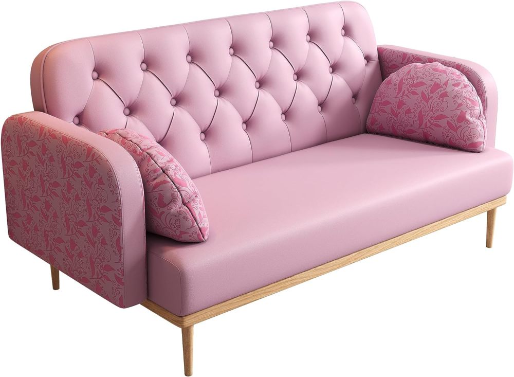 SZLIZCCC 56-Inch Faux Leathers Accent Loveseat Chair, Small Sofa Chair,Modern Low-Key Luxury Loveseat Chair, Armrests and Pillows with Branch Jacquard Pattern (PU Pink)