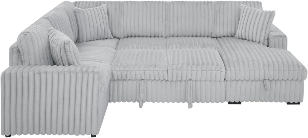 THSUPER 122-Inch Oversized Sectional Sleeper Sofa with Pull Out Bed and Storage Chaise Lounge for Living Room, Plush Extra Soft Corduroy U Shaped 6 Seat Sectional Sofa Bed Couch with USB Port - Gray