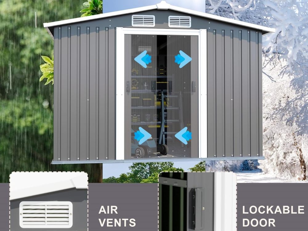 SZLIZCCC 10 'X 8' Metal Outdoor Storage Shed with Locked Doors and Vents, Waterproof Metal Garden Shed, Exterior Galvanized Steel Tool Shed, Backyard Patio, Lawn (Grey + Metal)