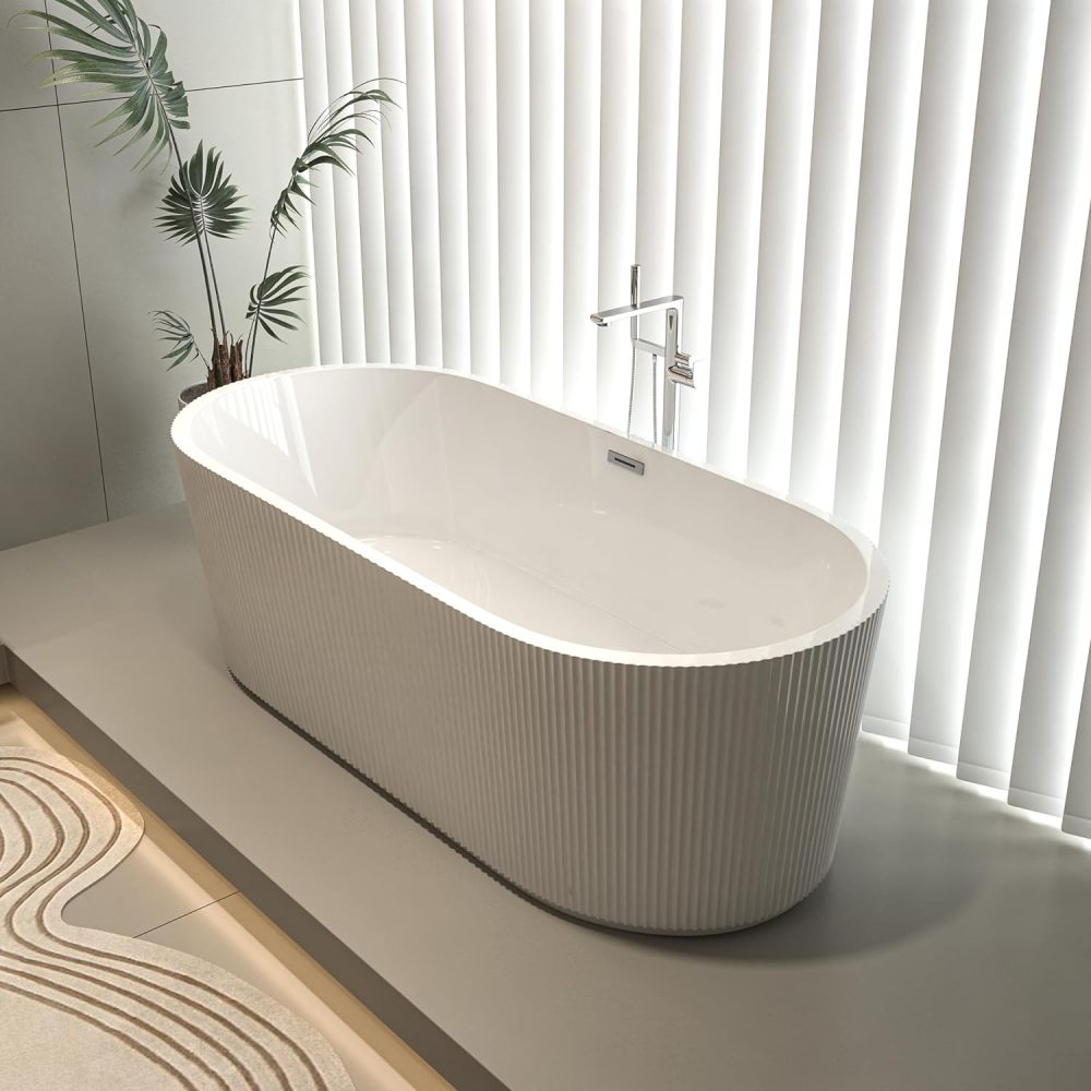 SZLIZCCC 67" Acrylic Freestanding Bathtub, Classic Oval Shape Bath Tub Soaking Tub Deep Bathtub with Unique Pleated Design, Gloss Black Finish, Chrome Overflow & Pop-Up Drain (67" Gloss Black)