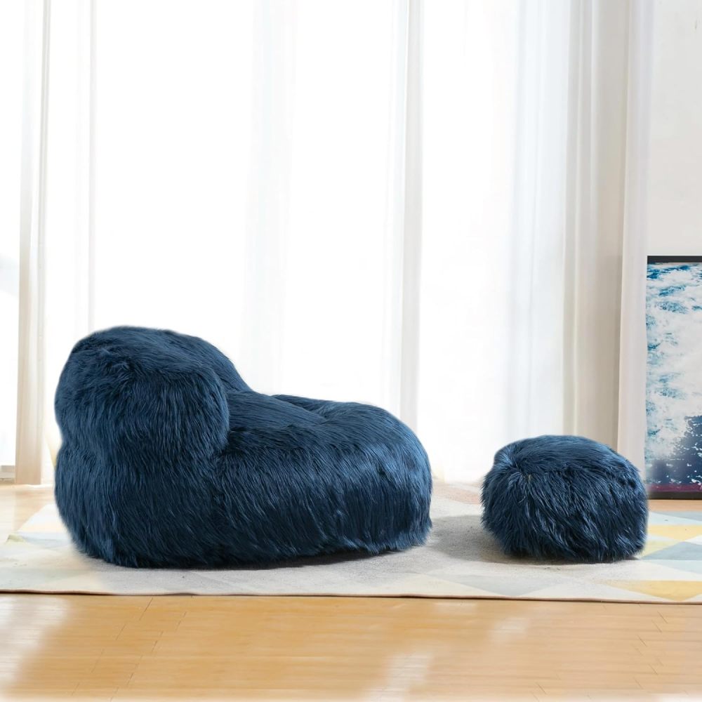 Large Shag Fur Bean Bag Chair With Ottoman, Soft Faux Plush Bean Bag Sofa, Lazy Susans for Living Room ,Apartment,Bedroom ,Modern Accent Chair Soft Fluffy Faux Fur Bean Bag Lazy Sofa Bed (Navy Blue)