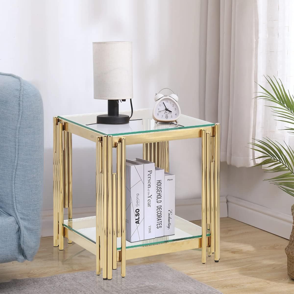 20" Square Coffee Table, Modern Sofa Side Table, Glass Top, Gold Stainless Steel Double Living Room Coffee Table (20 Inch Polished Gold) Suitable for Living Room