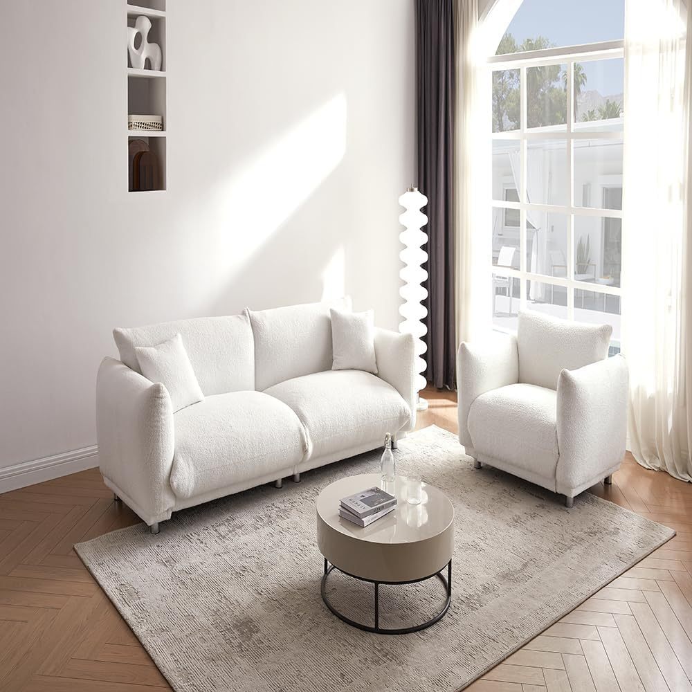 SZLIZCCC Sofa Couch for Living Room, 87.4 Inch Modern Upholstered Couch, Teddy Velvet Tufted Sofa, 3 Seat Sofa Big Comfy Couch Sofas for Livingroom, Comfy Couch Sofas for Office (White 85.4” sofa)