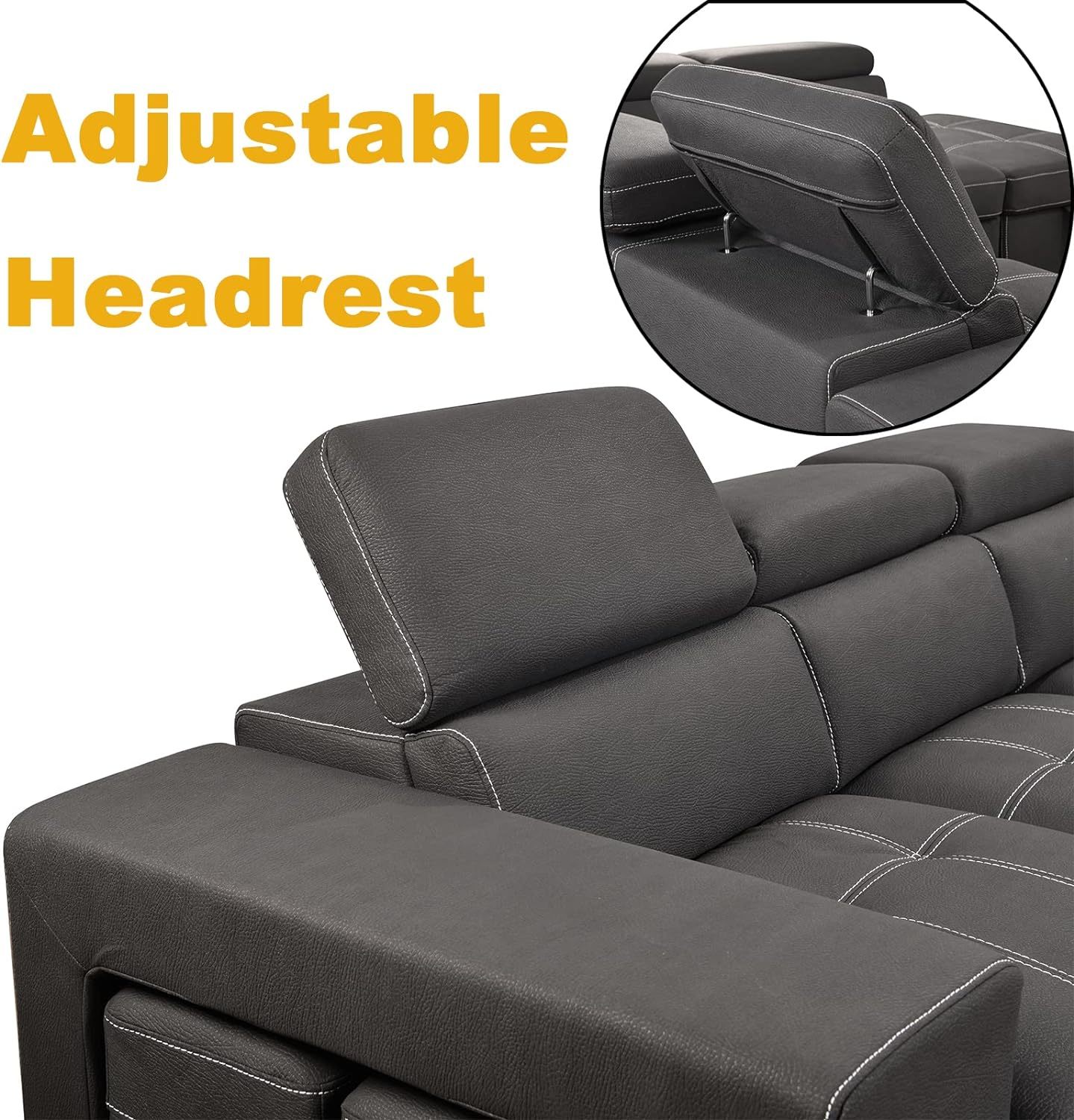 THSUPER 104'' Microfiber Sectional Sleeper Sofa with Pull-Out Bed, Chaise & Storage Ottoman. 5 Seater L-Shaped Couch with Adjustable Headrest and Stools. Perfect for Living Room. Grey Color.