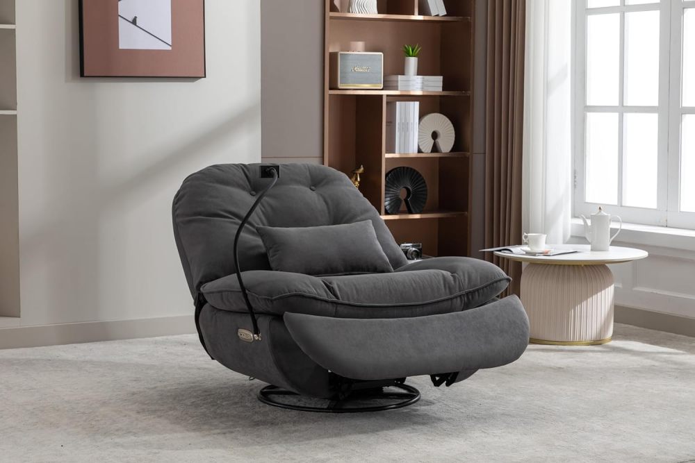 SZLIZCCC Power Recliner Chair Swivel Glider, 270°Swivel Rocker Recliner Nursery Glider Rocking Chair Tufted Chair w/USB Ports, Hidden Arm Storage & Mobile Phone Holder for Room (Grey Fabric)