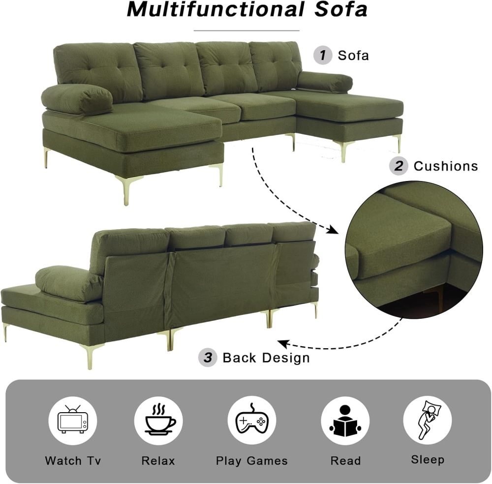 SZLIZCCC Modern sectional Sofa, Living Room U-Shaped 4-Seater Sofa Set with Double Chaise Longue for Small Spaces (106" U Green)