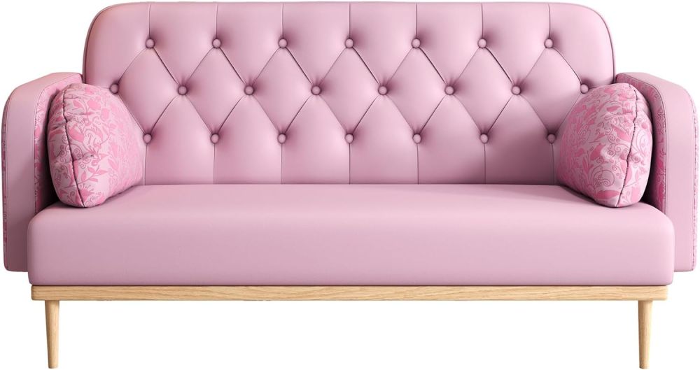 SZLIZCCC 56-Inch Faux Leathers Accent Loveseat Chair, Small Sofa Chair,Modern Low-Key Luxury Loveseat Chair, Armrests and Pillows with Branch Jacquard Pattern (PU Pink)