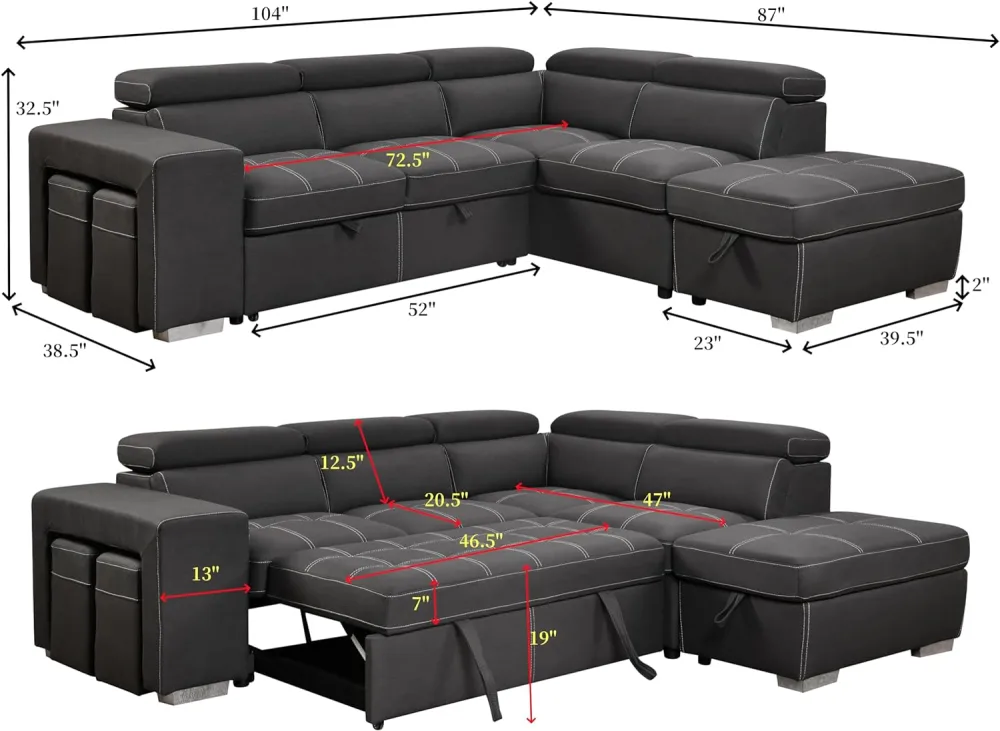 THSUPER 104'' Microfiber Sectional Sleeper Sofa with Pull-Out Bed ...