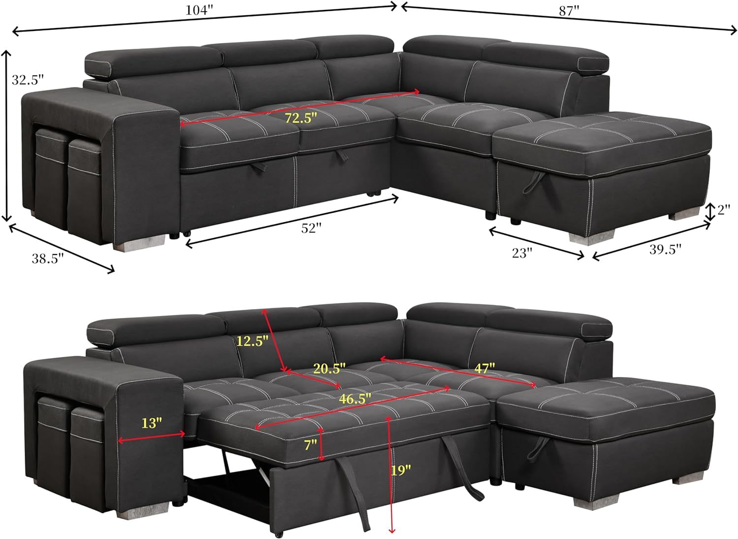 THSUPER 104'' Microfiber Sectional Sleeper Sofa with Pull-Out Bed, Chaise & Storage Ottoman. 5 Seater L-Shaped Couch with Adjustable Headrest and Stools. Perfect for Living Room. Grey Color.
