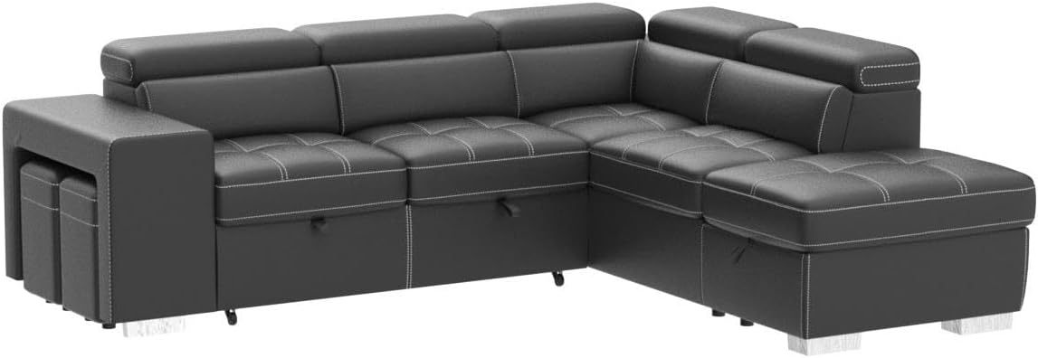 THSUPER 104'' Microfiber Sectional Sleeper Sofa with Pull-Out Bed, Chaise & Storage Ottoman. 5 Seater L-Shaped Couch with Adjustable Headrest and Stools. Perfect for Living Room. Grey Color.