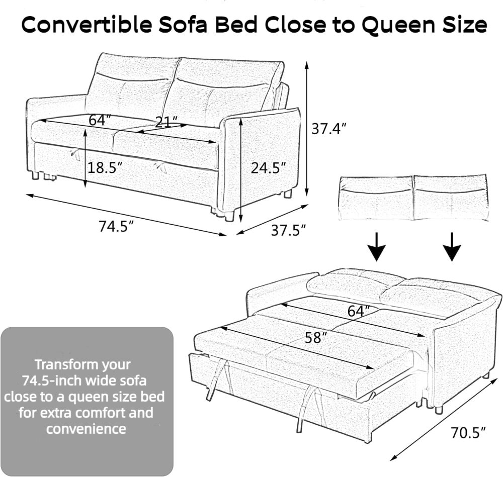THSUPER 75'' Convertible Sleeper Sofa Bed, Queen Size Loveseat Futon Pull Out Couch Sofá, Comfortable Modern Love Seat that Turns into Bed for Living Room Small Space, Apartment, RV Hide-a-Bed Sofabed