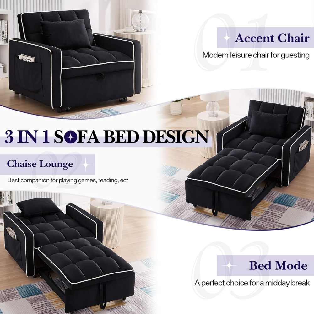 Convertible Sleeper Chair Bed, 3 in 1 Modern Velvet Pull Out Sofa Bed Chair, Small Tufted Single Sleeper Chair with Adjustable Backrest/Pillow for Living Room, Small Spaces, Apartment, Office, Black
