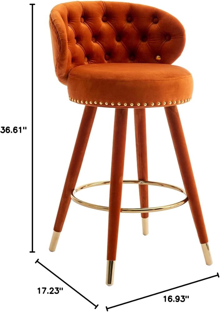 SZLIZCCC Orange Velvet Bar Stool Set of 2 with Ring Pull Trim and Button Back Swivel, Fixed Height 360 Degrees, Modern Counter Height