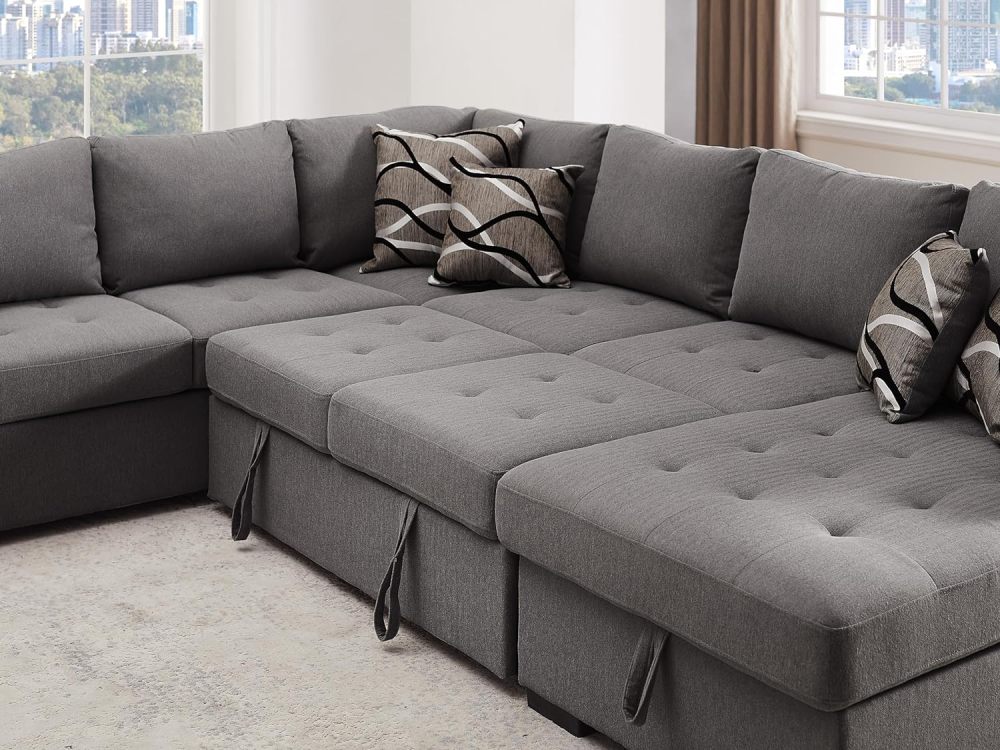 THSUPER Sectional Sleeper Sofa Bed with Storage Chaise, U Shape Oversized Sectional Couch with Pull Out Bed for Living Room Gray, 6 Seater Gray