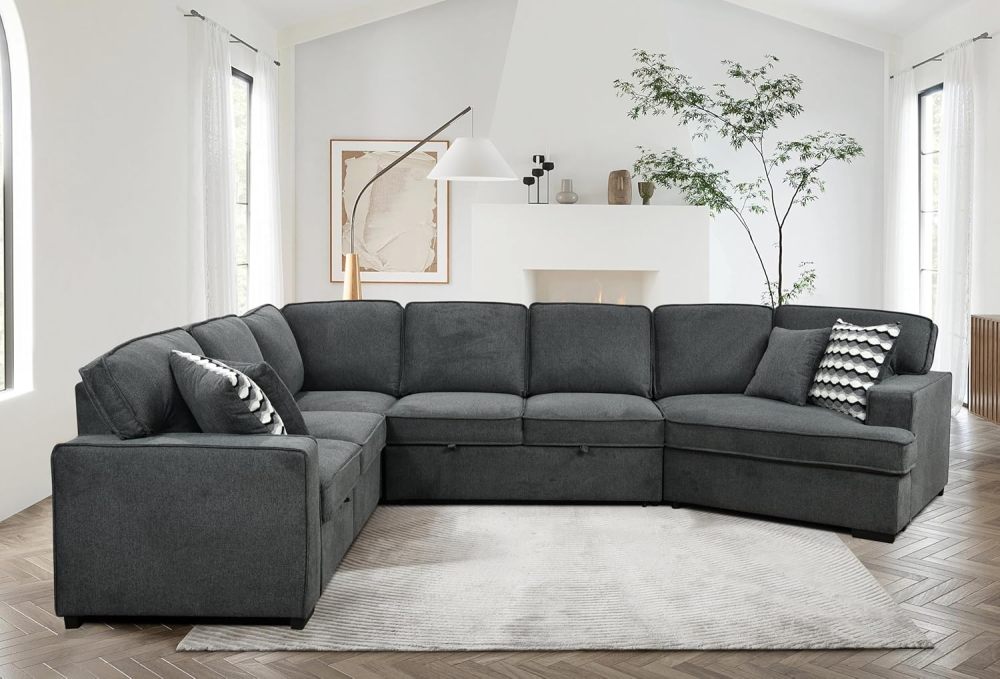 THSUPER 146'' Oversized Sectional Sleeper Sofa with Chaise Lounge and 2 Pull-Out Bed, 7-Seater U-Shaped Sectional Couches with Cuddler and 2 Cup Holders for Living Room - Belfast Fabric Dark Grey