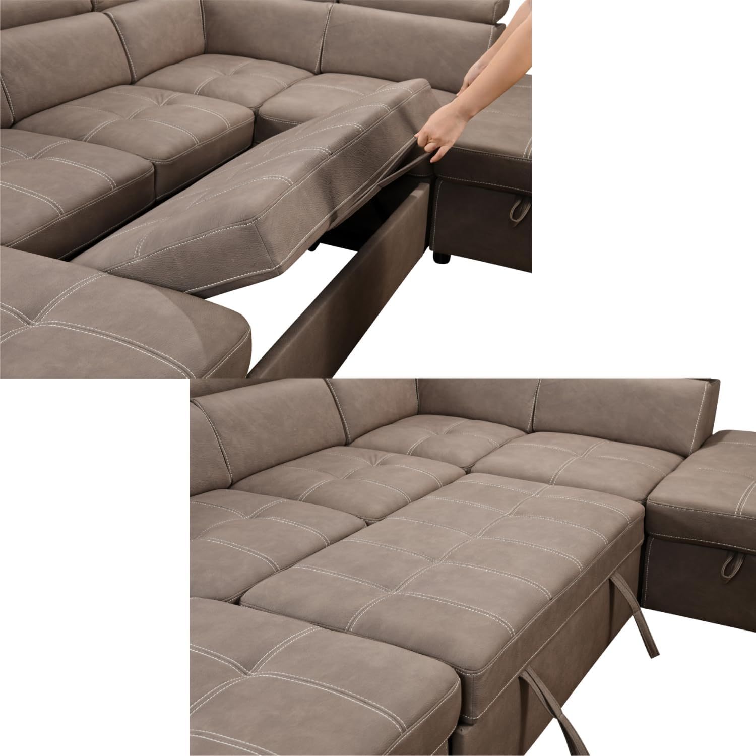 THSUPER 127'' U-Shaped Sectional Sofa with Pull-Out Bed, Adjustable Headrests and Storage Chaise, Microfiber Upholstered 7-Seater Oversized Sectional Sleeper Couch with Ottoman for Living Room. Brown