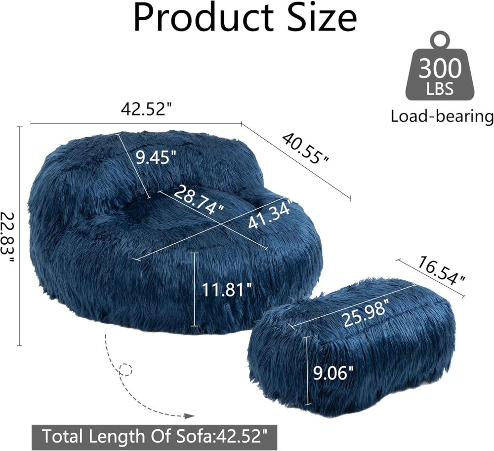 Large Shag Fur Bean Bag Chair With Ottoman, Soft Faux Plush Bean Bag Sofa, Lazy Susans for Living Room ,Apartment,Bedroom ,Modern Accent Chair Soft Fluffy Faux Fur Bean Bag Lazy Sofa Bed (Navy Blue)
