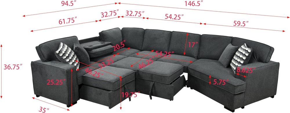 THSUPER 146'' Oversized Sectional Sleeper Sofa with Chaise Lounge and 2 Pull-Out Bed, 7-Seater U-Shaped Sectional Couches with Cuddler and 2 Cup Holders for Living Room - Belfast Fabric Dark Grey