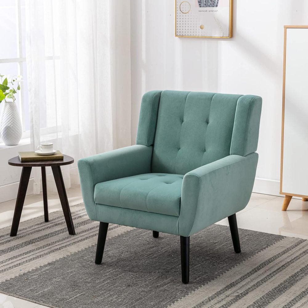 Dolonm Midcentury Modern Velvet Accent Chair with Arms, Upholstered Reading Side Chair Tufted Back Decorative Wingback Chair for Living Room Bedroom (Mint Green)
