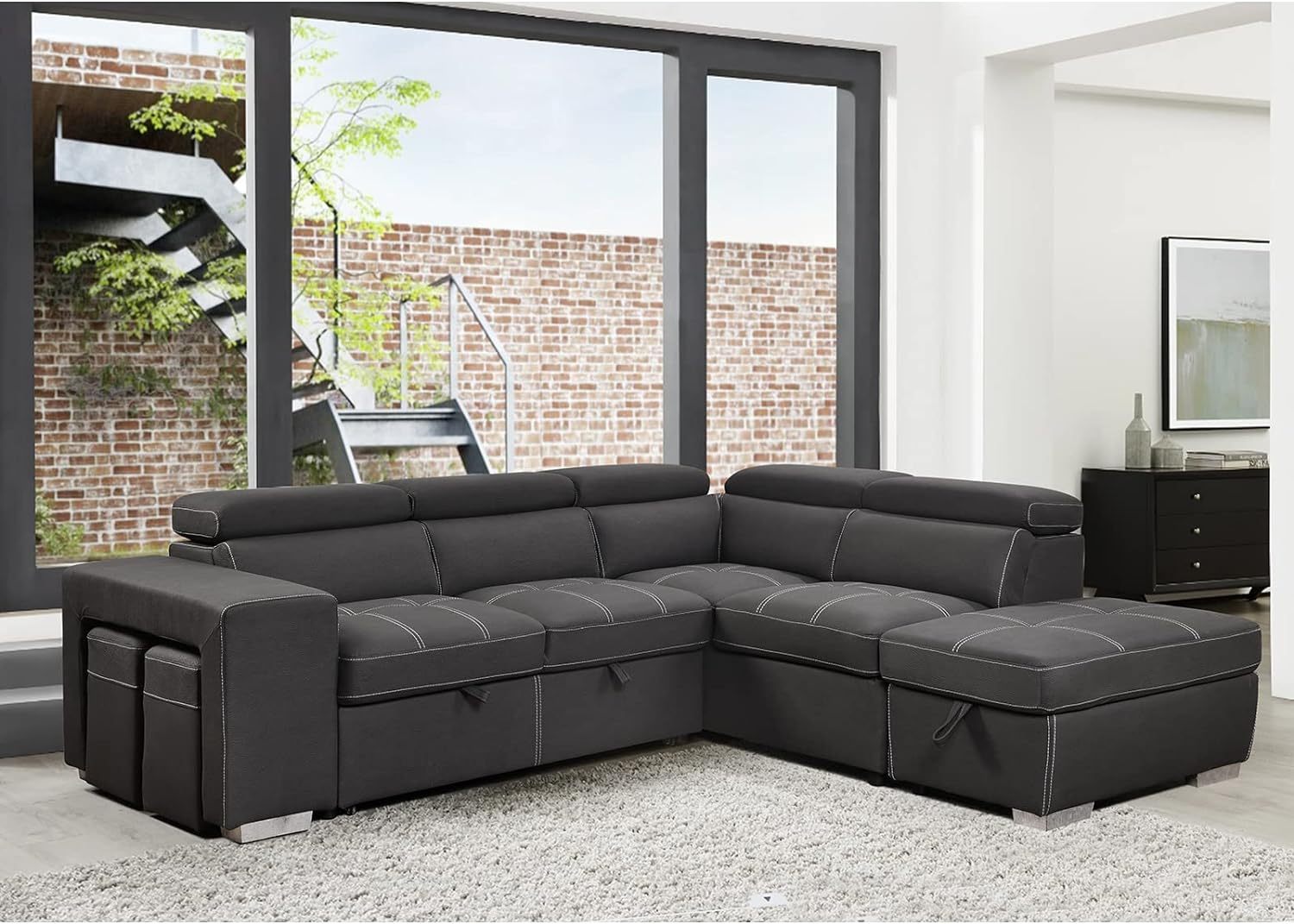 THSUPER 104'' Microfiber Sectional Sleeper Sofa with Pull-Out Bed, Chaise & Storage Ottoman. 5 Seater L-Shaped Couch with Adjustable Headrest and Stools. Perfect for Living Room. Grey Color.