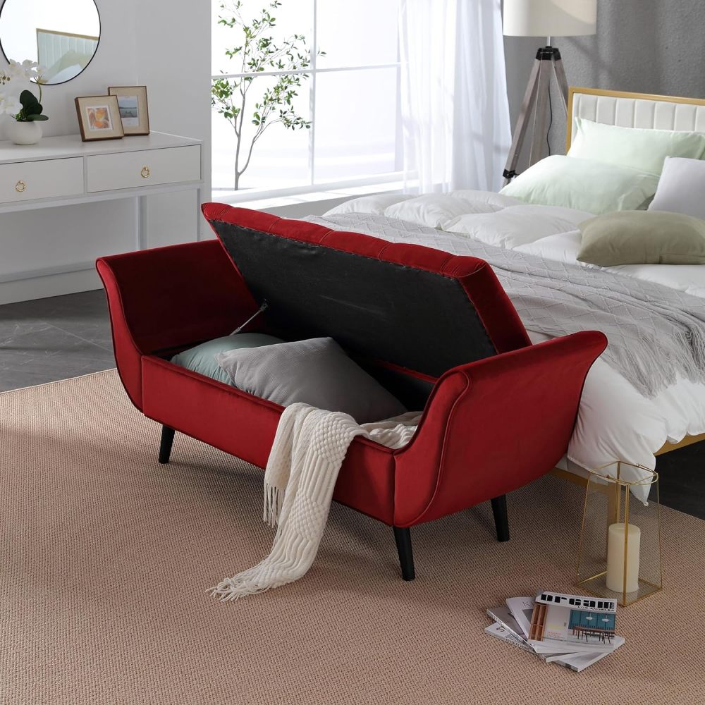 SZLIZCCC Velvet Storage Ottoman, 65" Long King Rolled Arm Bedroom End of Bed Bench, Bedroom Bench with Storage,Bedroom,Entryway, Living Room (Wine-red)