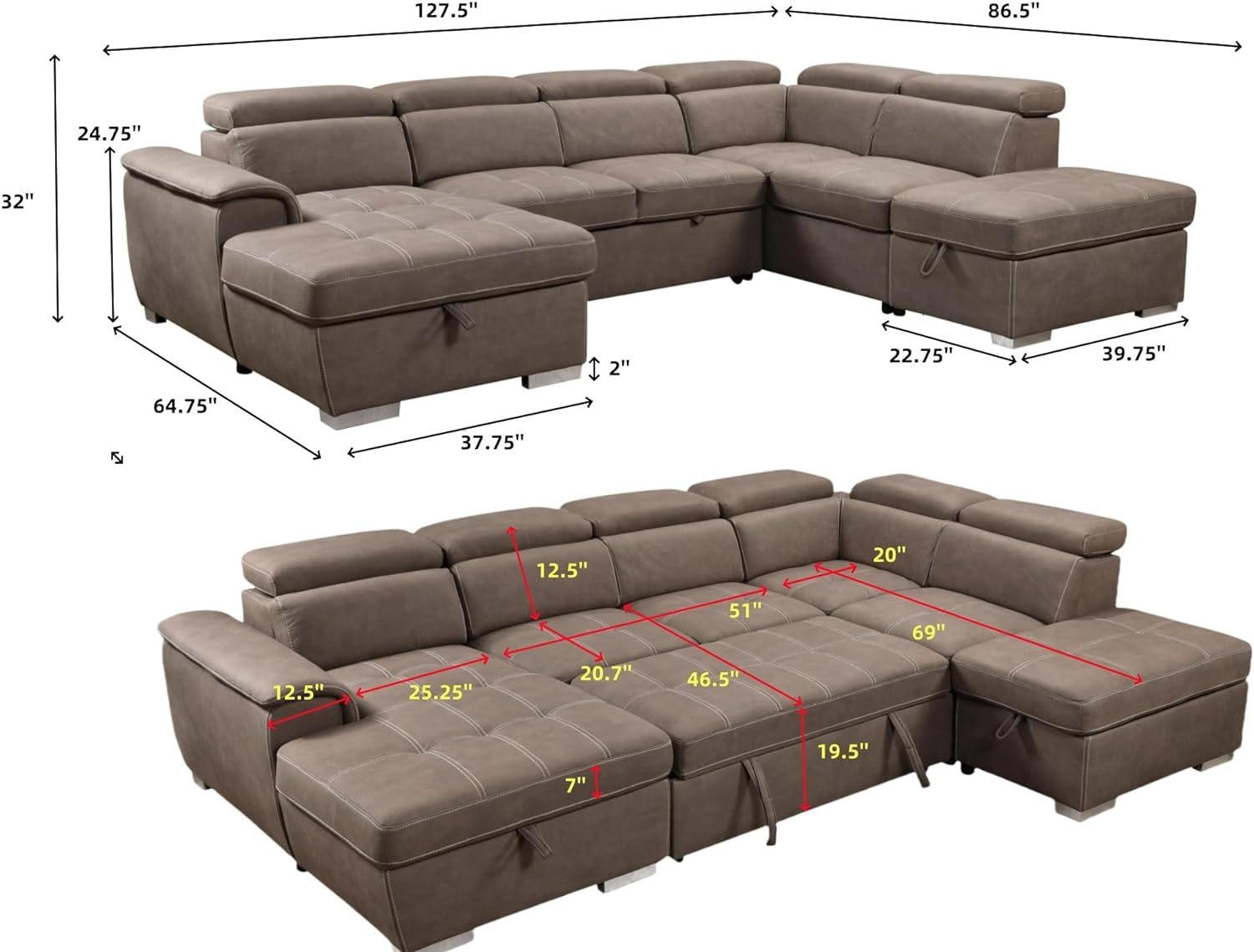 THSUPER 127'' U-Shaped Sectional Sofa with Pull-Out Bed, Adjustable Headrests and Storage Chaise, Microfiber Upholstered 7-Seater Oversized Sectional Sleeper Couch with Ottoman for Living Room. Brown
