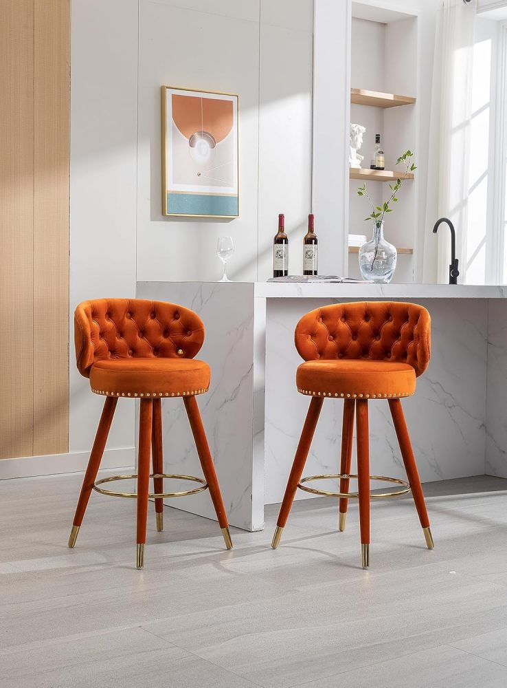 SZLIZCCC Orange Velvet Bar Stool Set of 2 with Ring Pull Trim and Button Back Swivel, Fixed Height 360 Degrees, Modern Counter Height