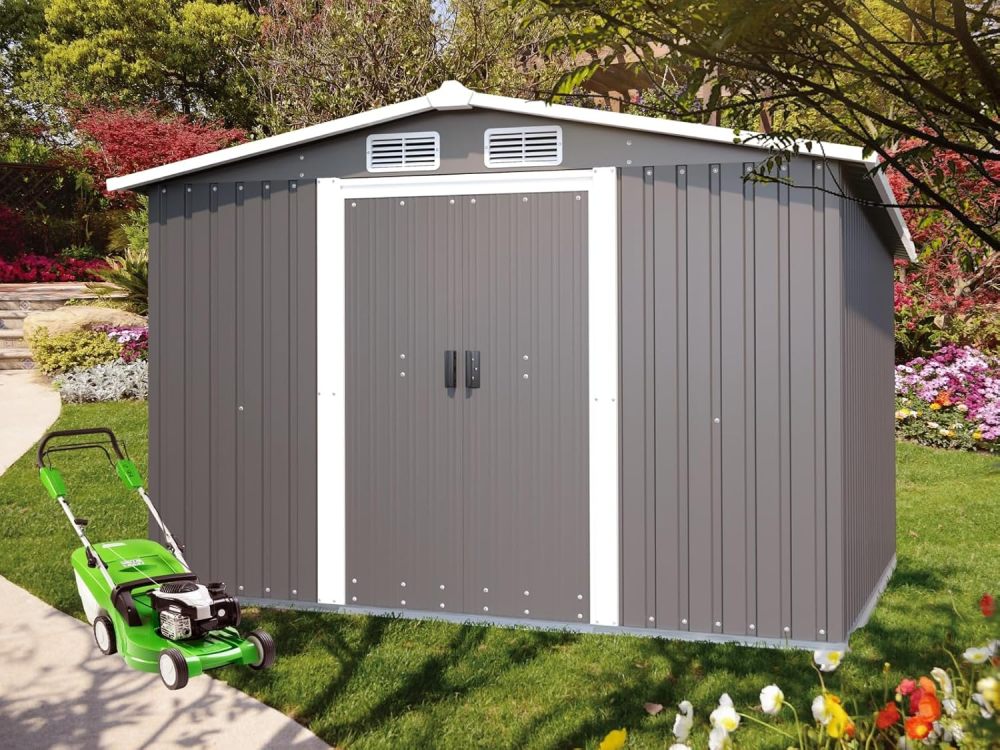 SZLIZCCC 10 'X 8' Metal Outdoor Storage Shed with Locked Doors and Vents, Waterproof Metal Garden Shed, Exterior Galvanized Steel Tool Shed, Backyard Patio, Lawn (Grey + Metal)