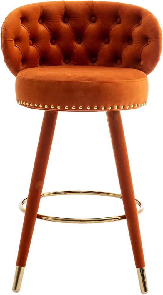 SZLIZCCC Orange Velvet Bar Stool Set of 2 with Ring Pull Trim and Button Back Swivel, Fixed Height 360 Degrees, Modern Counter Height