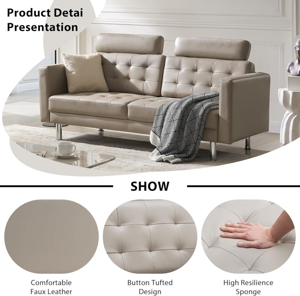 SZLIZCCC 72'' Top Grain Genuine Sofa Couch, Upholstered Leather loveseat Sofas Modern Leather Couch Tufted Sofa with Metal Legs & Wide Backrest, Two Seater Couch for Bedroom,Apartment (Beige)
