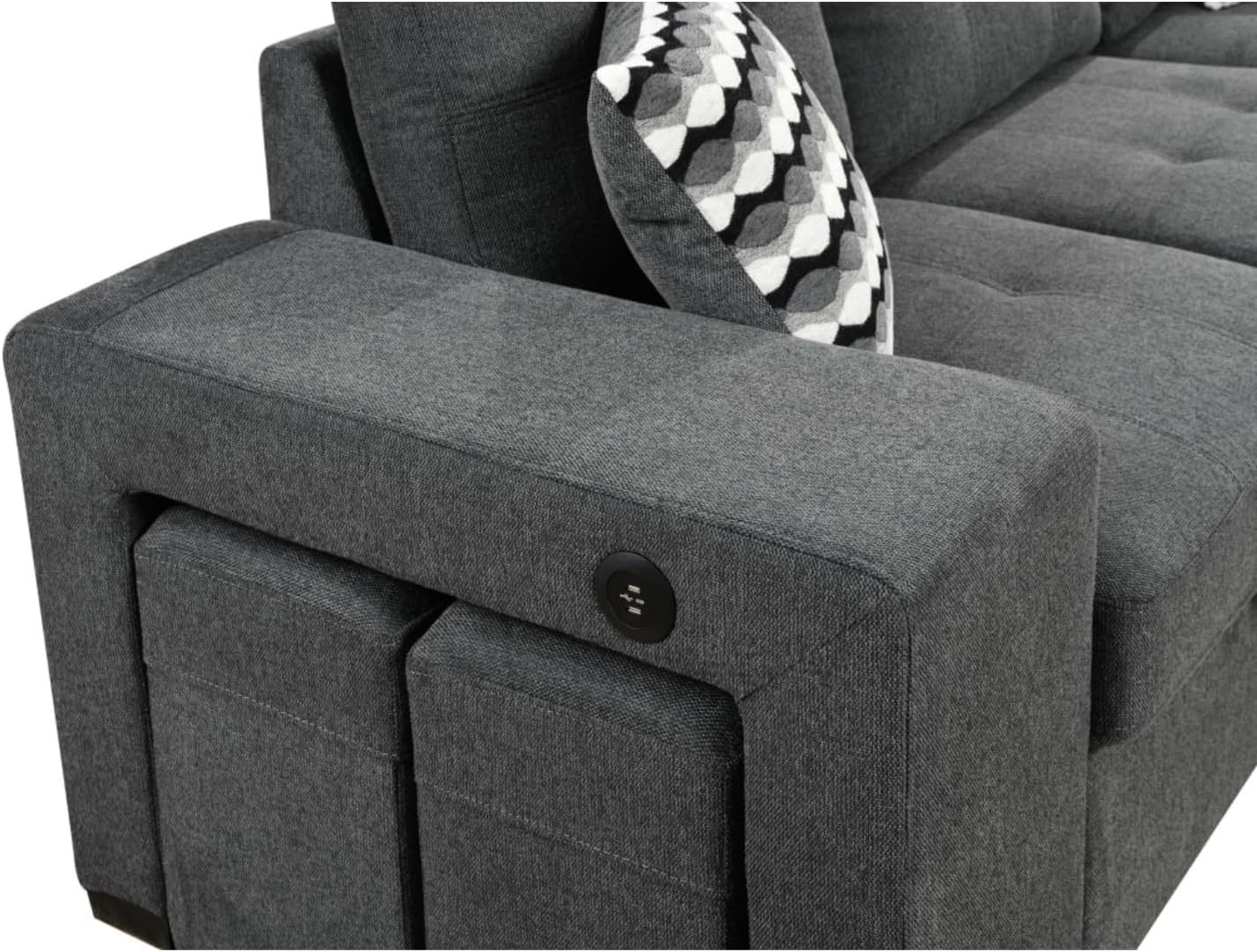 THSUPER L Shape Sectional Sleeper Sofa with Pull Out Bed and Storage Ottoman, 2 Stools and 2 USB Ports, Sectional Couch for Living Room - Dark Gray, 5 Seats