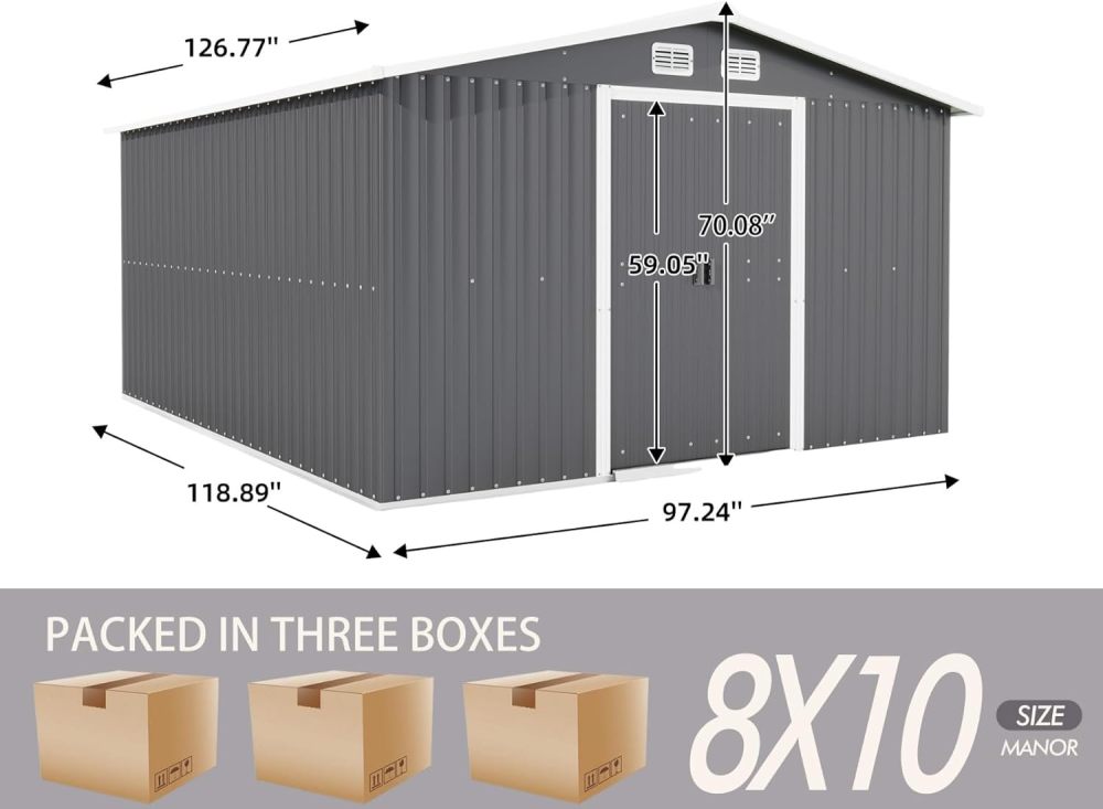 SZLIZCCC 10 'X 8' Metal Outdoor Storage Shed with Locked Doors and Vents, Waterproof Metal Garden Shed, Exterior Galvanized Steel Tool Shed, Backyard Patio, Lawn (Grey + Metal)