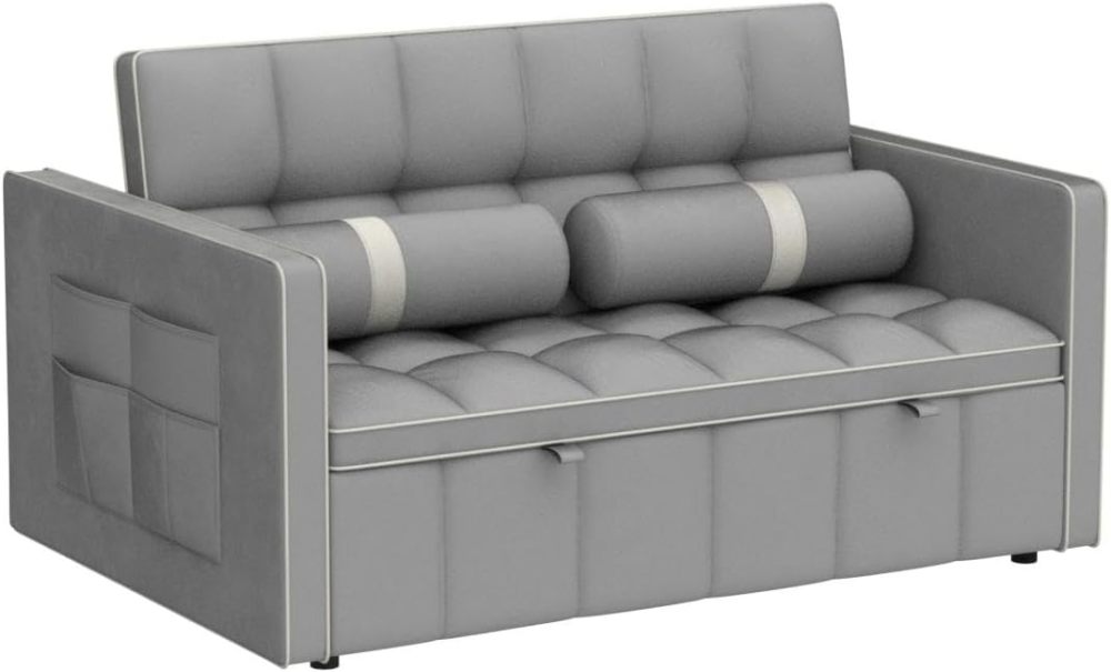 3 in 1 Sleeper Sofa Couch Bed, Small Tufted Velvet Convertible Loveseat Futon Sofa w/Pullout Bed, Adjustable Backrest, Cylinder Pillows for Living Room Apartment, Easy to Assemble, Grey, 55.5"