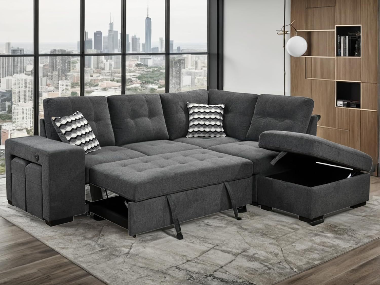THSUPER L Shape Sectional Sleeper Sofa with Pull Out Bed and Storage Ottoman, 2 Stools and 2 USB Ports, Sectional Couch for Living Room - Dark Gray, 5 Seats