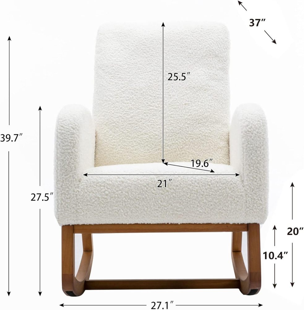 Dolonm Rocking Chair Mid-Century Modern Nursery Rocking Armchair Upholstered Tall Back Accent Glider Rocker for Living Room (White)