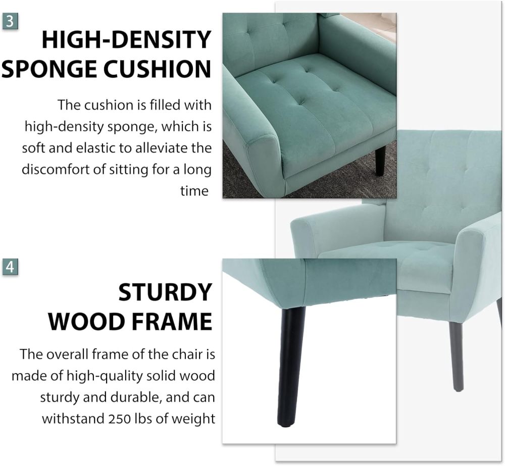 Dolonm Midcentury Modern Velvet Accent Chair with Arms, Upholstered Reading Side Chair Tufted Back Decorative Wingback Chair for Living Room Bedroom (Mint Green)