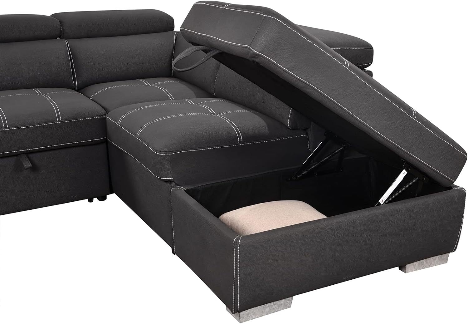 THSUPER 104'' Microfiber Sectional Sleeper Sofa with Pull-Out Bed, Chaise & Storage Ottoman. 5 Seater L-Shaped Couch with Adjustable Headrest and Stools. Perfect for Living Room. Grey Color.