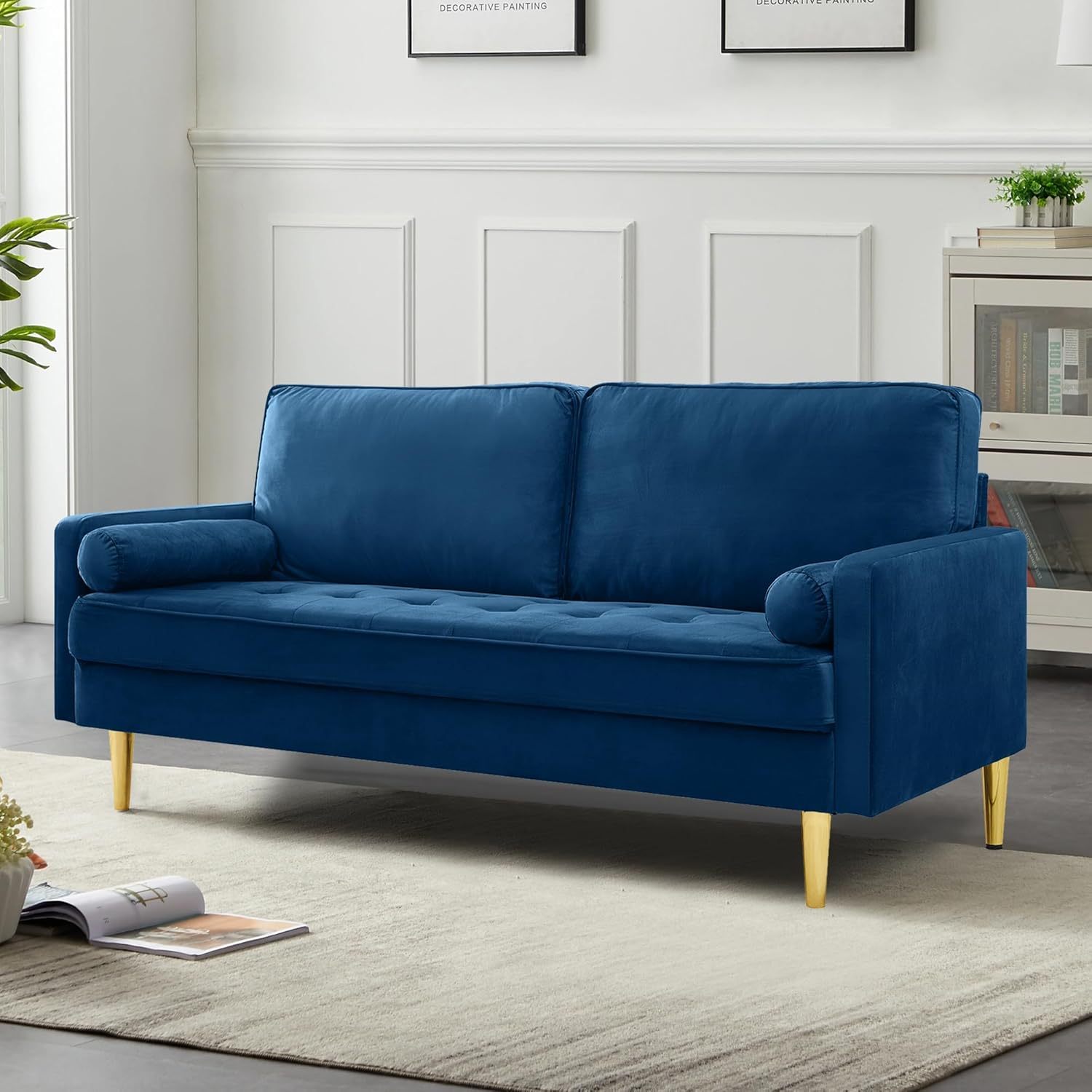 SZLIZCCC 67" LoveSeat Sofa, Love Seat Couch, Mid Century Modern Couchs Velvet Fabric Pull Dot Design Sofas with Two Round Pillows for Small Spaces, Living Room, Dorm, Bedroom, Apartment (67 Navy)