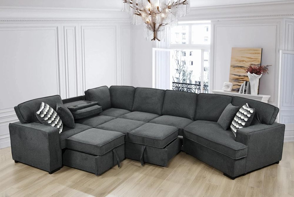 THSUPER 146'' Oversized Sectional Sleeper Sofa with Chaise Lounge and 2 Pull-Out Bed, 7-Seater U-Shaped Sectional Couches with Cuddler and 2 Cup Holders for Living Room - Belfast Fabric Dark Grey