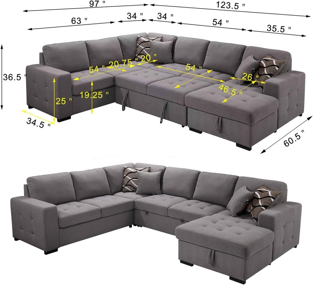 THSUPER Sectional Sleeper Sofa Bed with Storage Chaise, U Shape Oversized Sectional Couch with Pull Out Bed for Living Room Gray, 6 Seater Gray