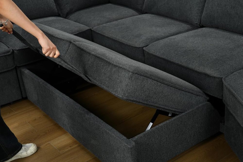 THSUPER 146'' Oversized Sectional Sleeper Sofa with Chaise Lounge and 2 Pull-Out Bed, 7-Seater U-Shaped Sectional Couches with Cuddler and 2 Cup Holders for Living Room - Belfast Fabric Dark Grey
