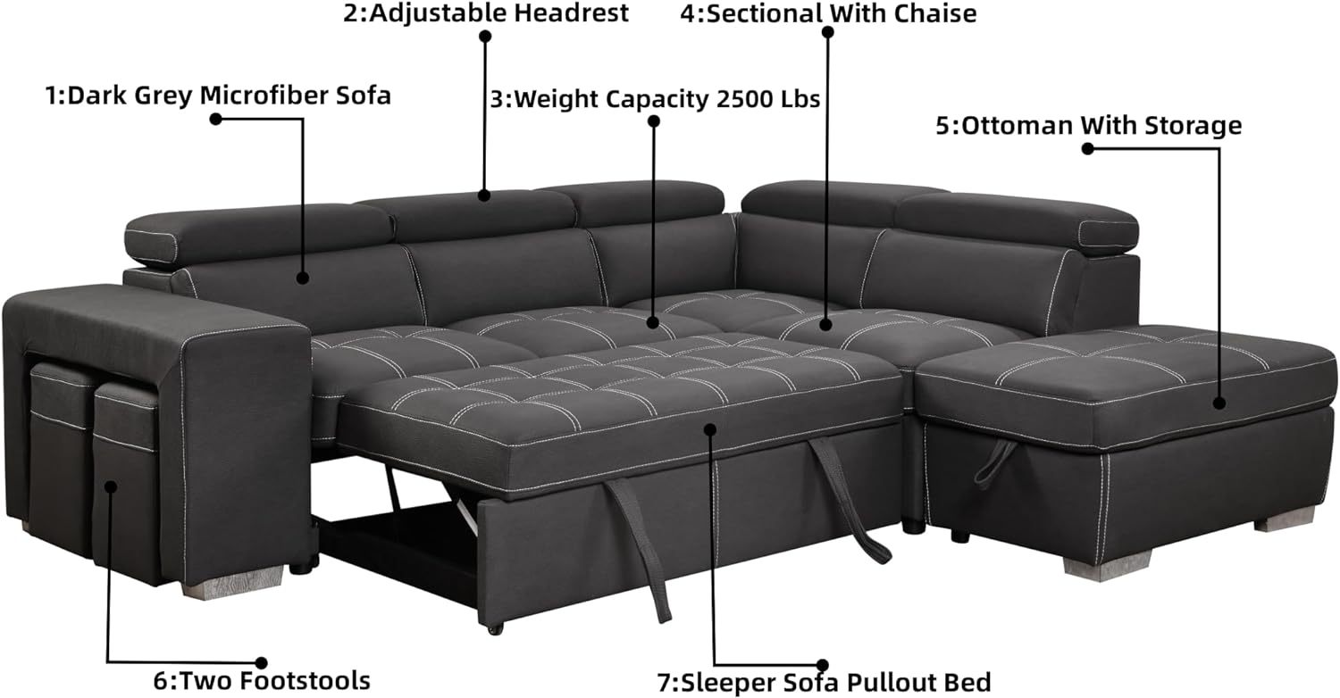 THSUPER 104'' Microfiber Sectional Sleeper Sofa with Pull-Out Bed, Chaise & Storage Ottoman. 5 Seater L-Shaped Couch with Adjustable Headrest and Stools. Perfect for Living Room. Grey Color.