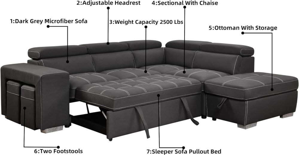 THSUPER 104'' Microfiber Sectional Sleeper Sofa with Pull-Out Bed, Chaise & Storage Ottoman. 5 Seater L-Shaped Couch with Adjustable Headrest and Stools. Perfect for Living Room. Grey Color.
