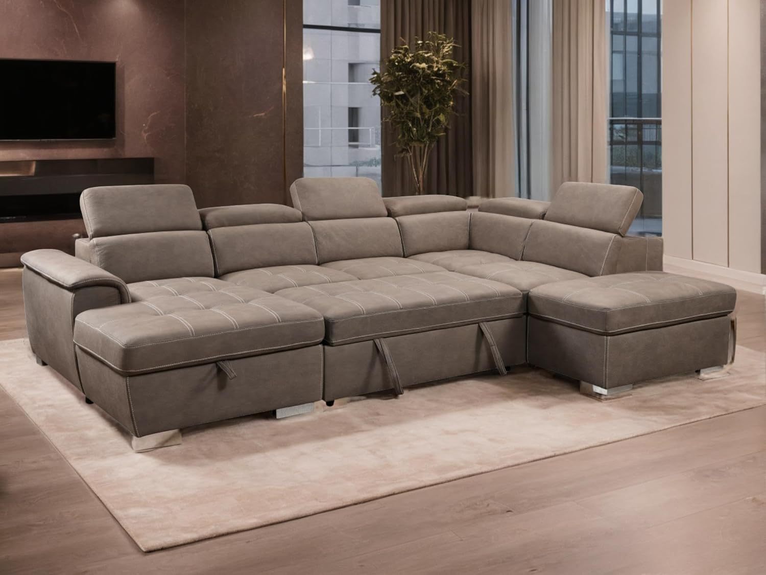 THSUPER 127'' U-Shaped Sectional Sofa with Pull-Out Bed, Adjustable Headrests and Storage Chaise, Microfiber Upholstered 7-Seater Oversized Sectional Sleeper Couch with Ottoman for Living Room. Brown