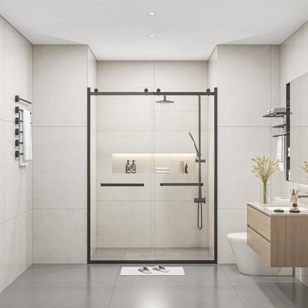 SZLIZCCC Semi-Frameless Sliding Shower Door, 60" W x 76" H Shower Glass Door Bathtub Shower Door with 3/8"(10mm) Clear Tempered Glass, Rectangle Shower, Brushed Nickel (Semi-Frameless Double)