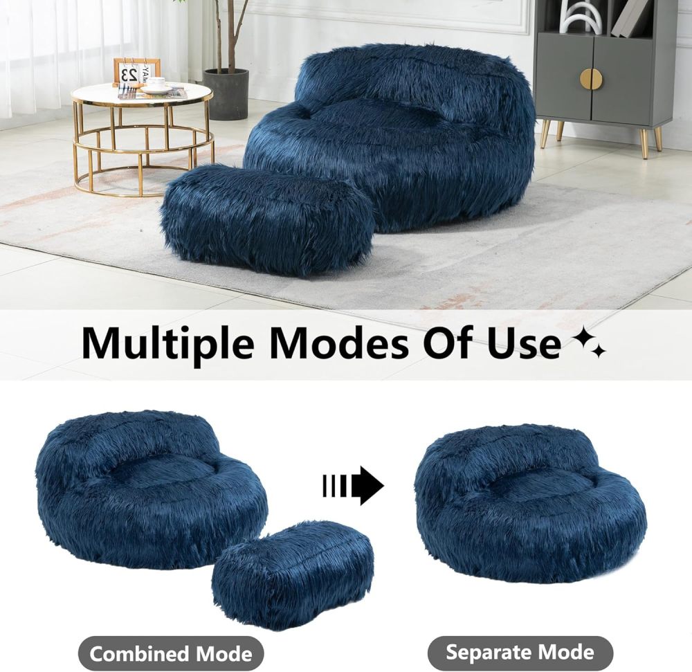 Large Shag Fur Bean Bag Chair With Ottoman, Soft Faux Plush Bean Bag Sofa, Lazy Susans for Living Room ,Apartment,Bedroom ,Modern Accent Chair Soft Fluffy Faux Fur Bean Bag Lazy Sofa Bed (Navy Blue)