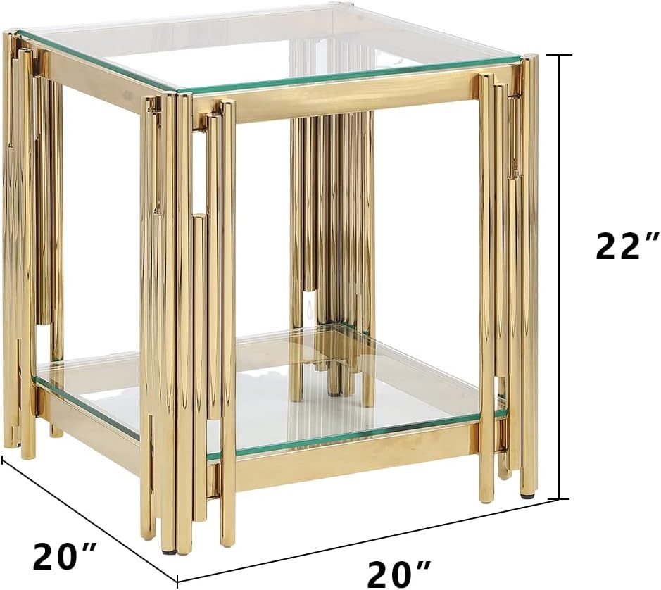 20" Square Coffee Table, Modern Sofa Side Table, Glass Top, Gold Stainless Steel Double Living Room Coffee Table (20 Inch Polished Gold) Suitable for Living Room